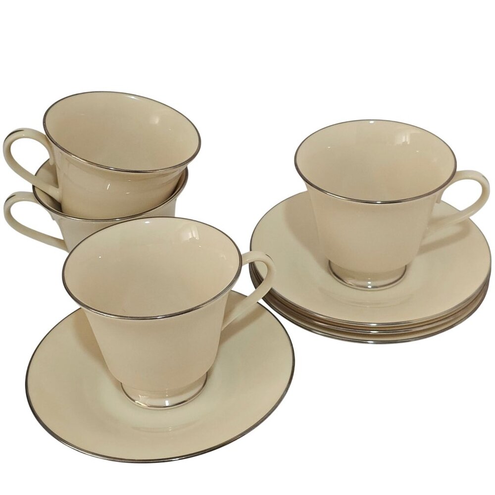 4 Lenox Maywood Footed Cup & Saucer Set 3" Platinum Trim elegant romance glam - Picture 2 of 7